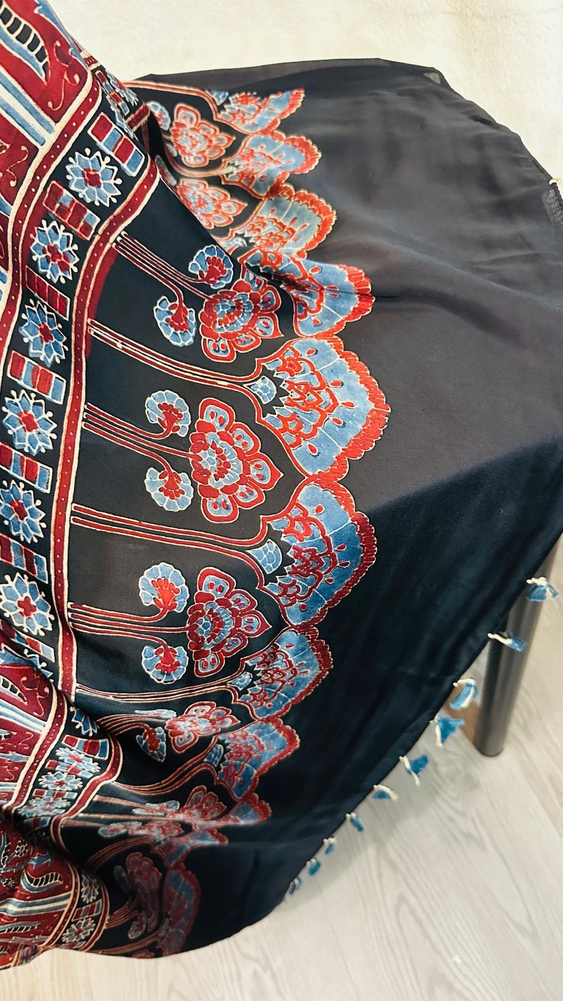 Black*Indigo Rose Ajrakh natural dye Hand block print pure Modal silk saree - My Store