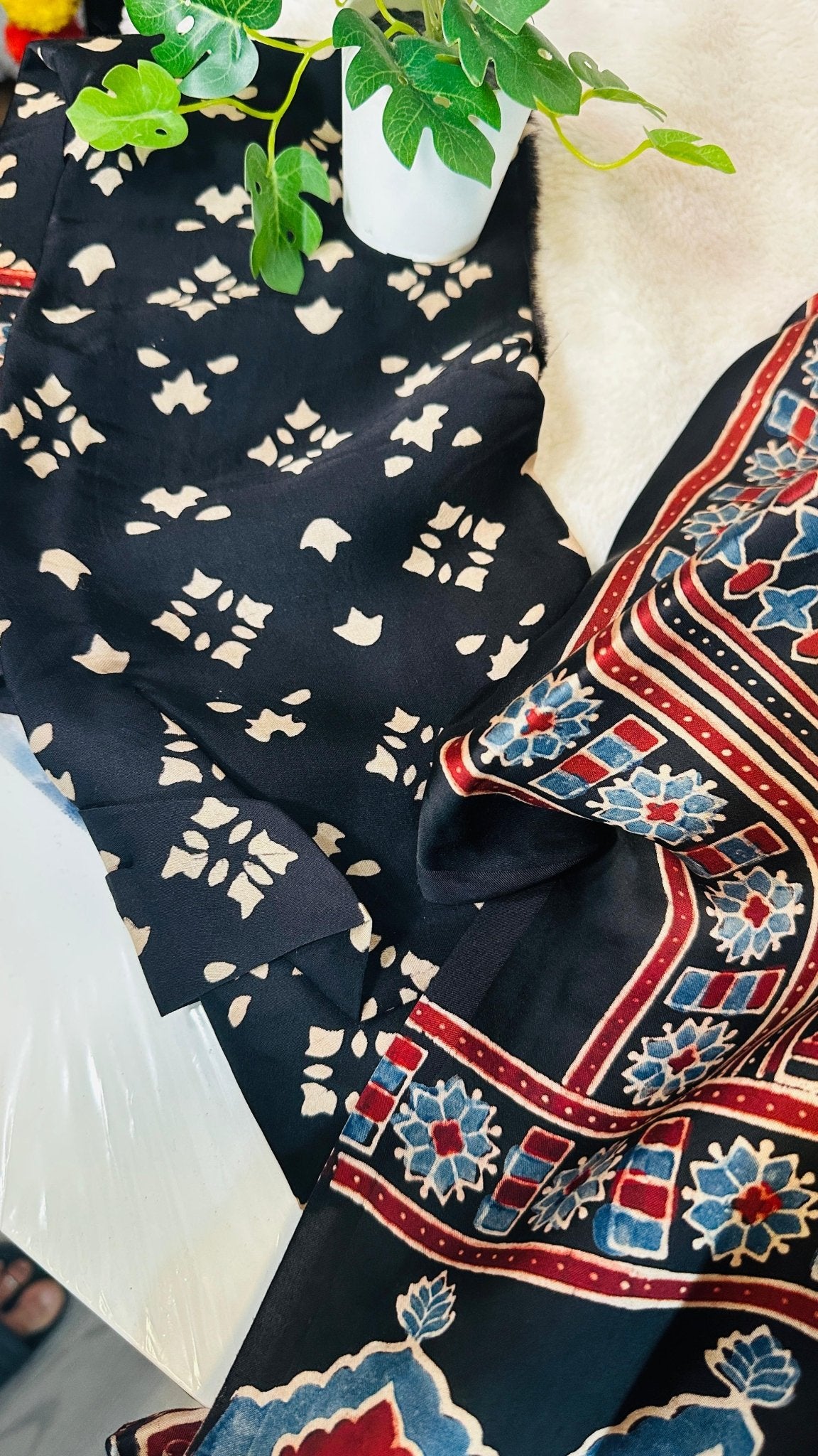 Black*Indigo Rose Ajrakh natural dye Hand block print pure Modal silk saree - My Store