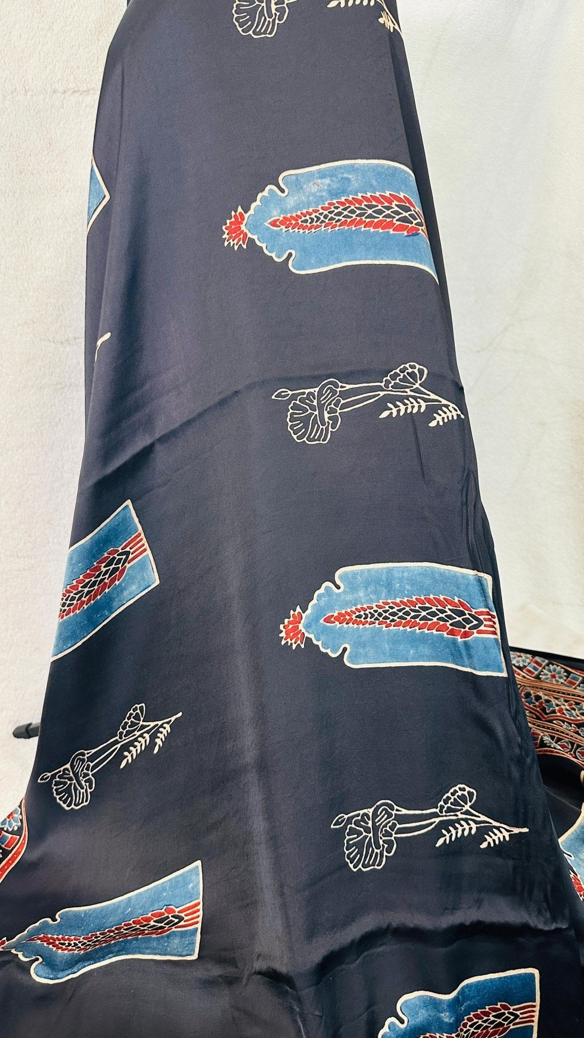 Black*Indigo Rose Ajrakh natural dye Hand block print pure Modal silk saree - My Store