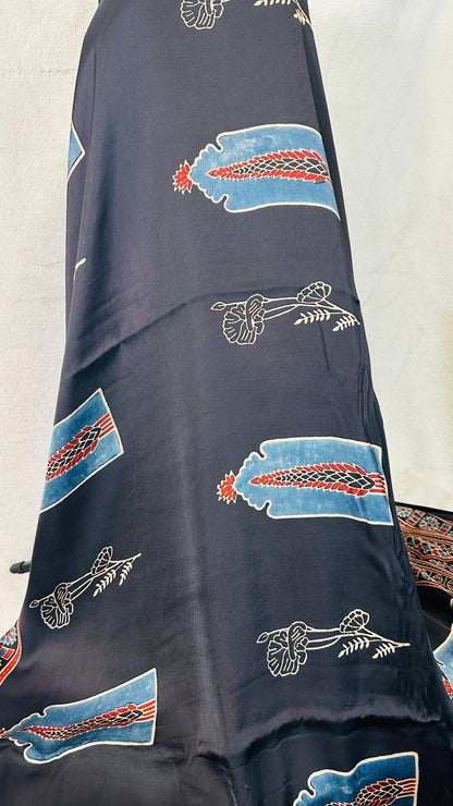 Black*Indigo Rose Ajrakh natural dye Hand block print pure Modal silk saree - My Store