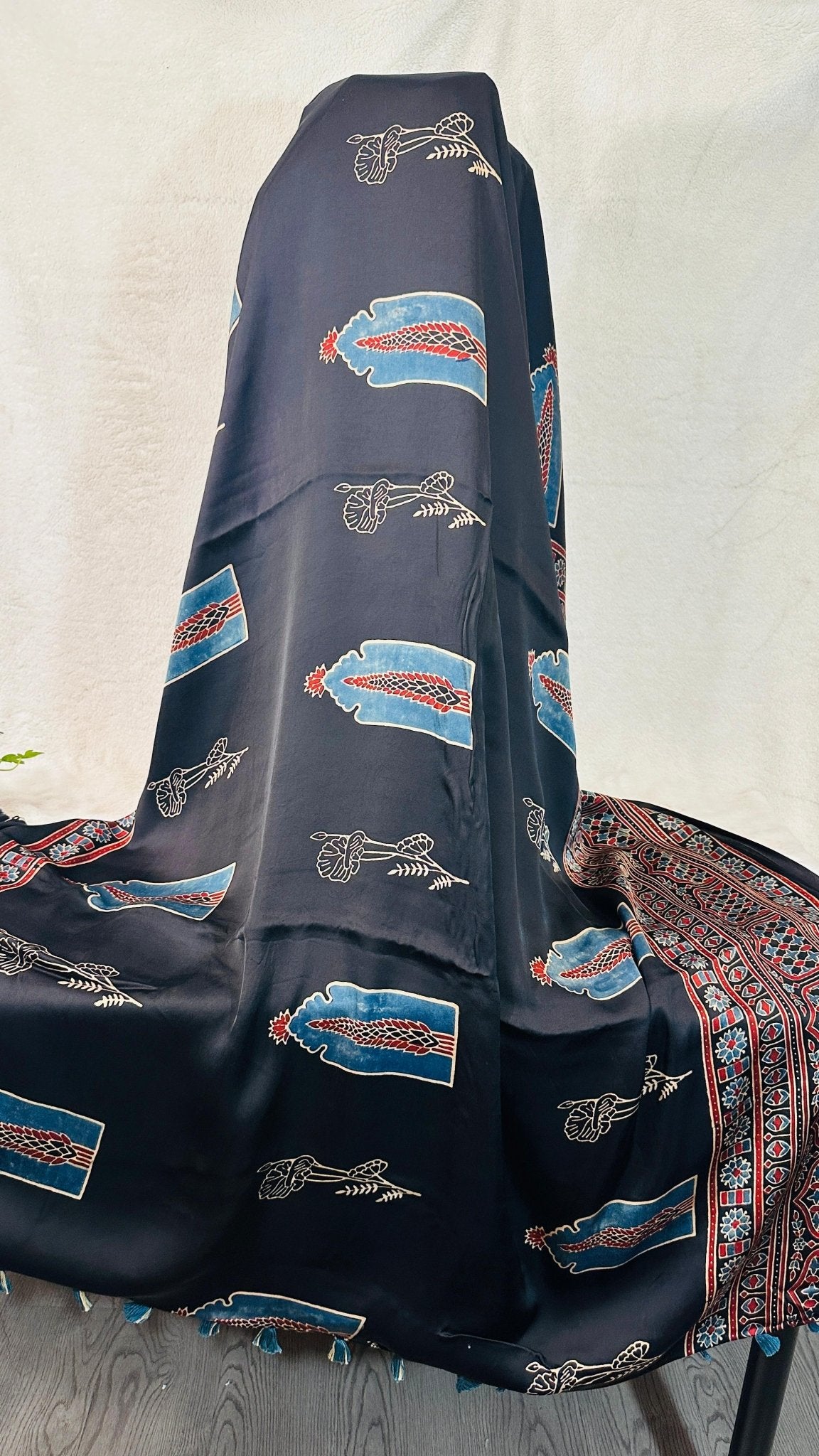 Black*Indigo Rose Ajrakh natural dye Hand block print pure Modal silk saree - My Store