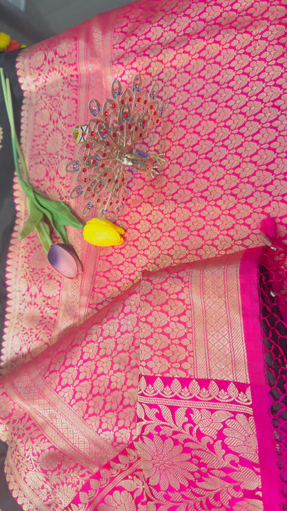 Black with Rani pink Border Pure Katan by katan handloom silk Banarasi saree
