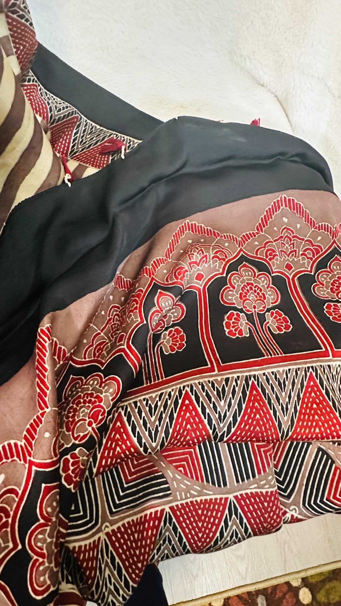 Coffee Mocha Ajrakh natural dye Hand block print pure Modal silk saree - My Store