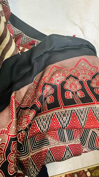 Coffee Mocha Ajrakh natural dye Hand block print pure Modal silk saree - My Store