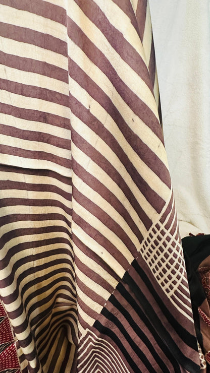 Coffee Mocha Ajrakh natural dye Hand block print pure Modal silk saree - My Store