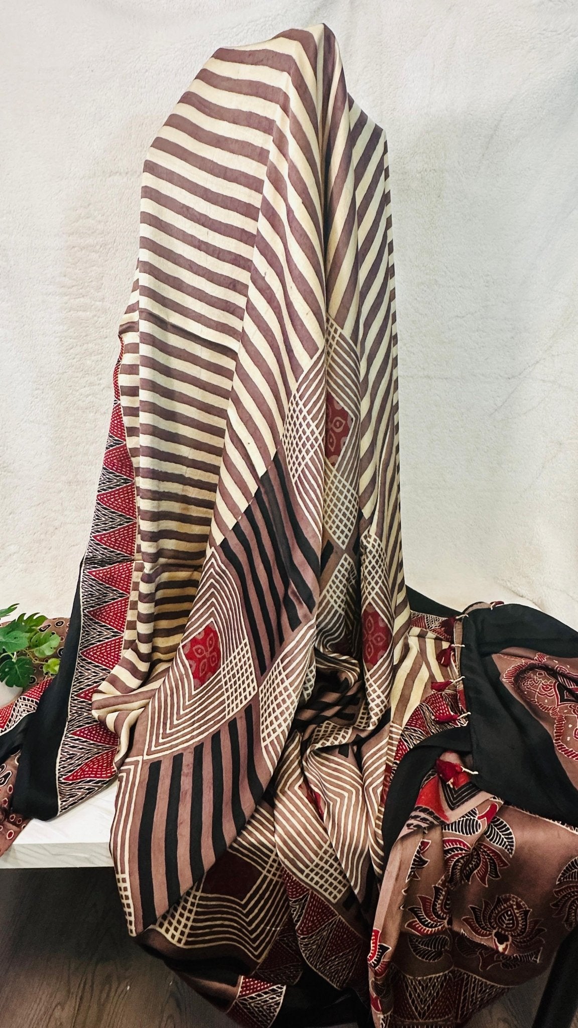 Coffee Mocha Ajrakh natural dye Hand block print pure Modal silk saree - My Store