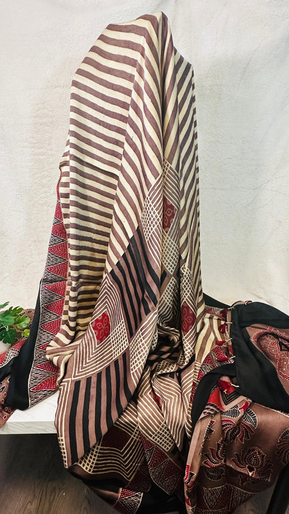 Coffee Mocha Ajrakh natural dye Hand block print pure Modal silk saree - My Store