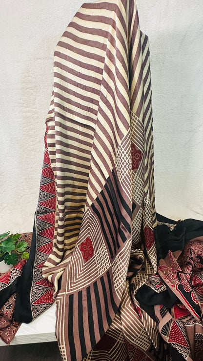 Coffee Mocha Ajrakh natural dye Hand block print pure Modal silk saree - My Store