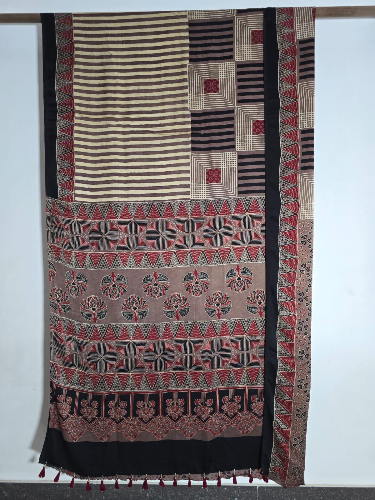 Coffee Mocha Ajrakh natural dye Hand block print pure Modal silk saree - My Store