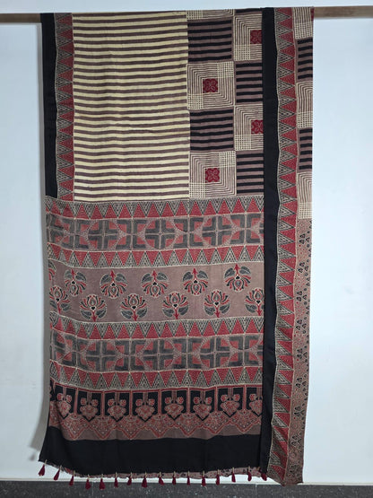 Coffee Mocha Ajrakh natural dye Hand block print pure Modal silk saree - My Store