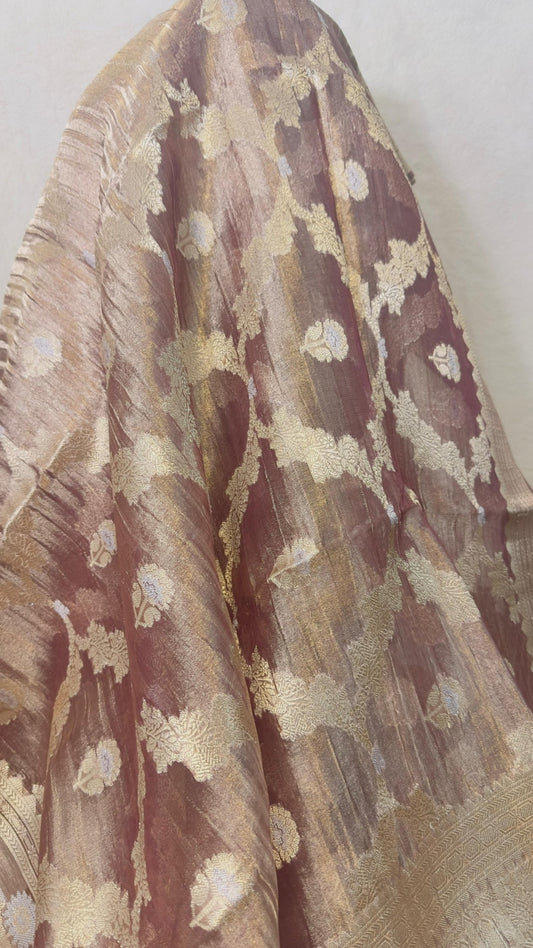 Dusky brown pure tissue Banarasi handloom silk saree - My Store