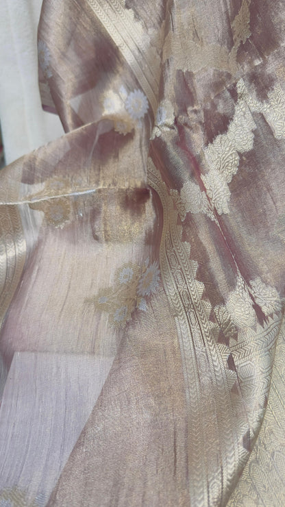 Dusky brown pure tissue Banarasi handloom silk saree