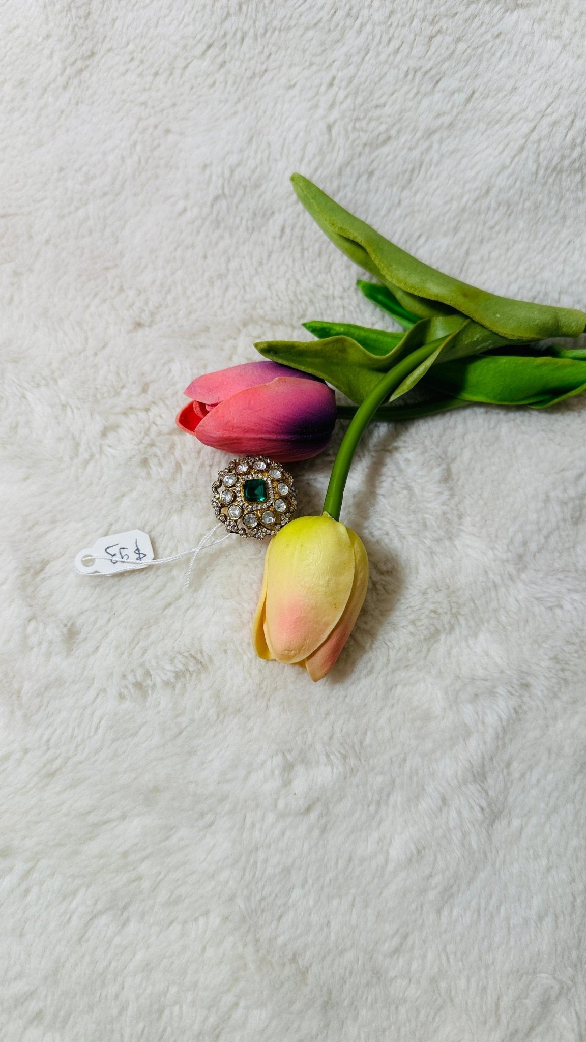 Emerald Green Statement 92.5 silver finger Ring embellished with white semiprecious Stone - My Store