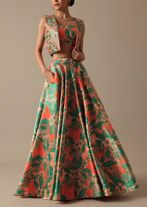 Green designer floral Lehenga with Jacket highlighted with all mirror handwork - My Store