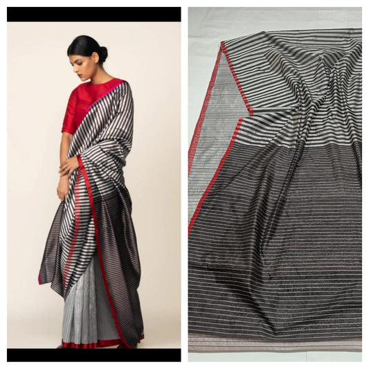Grey with Black & Red pure Chanderi Pattu silk handloom Saree - My Store