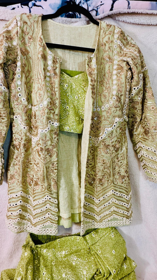 Henna green designer Indowestern dhoti skirt set highlighted with sequins & Thread zari & mirror work - My Store