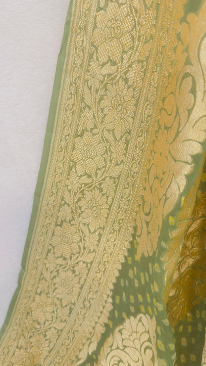 Henna Green Pure Khaddi Georgette hand rai Bandhani Banarasi saree with tested Gold zari weaving - My Store