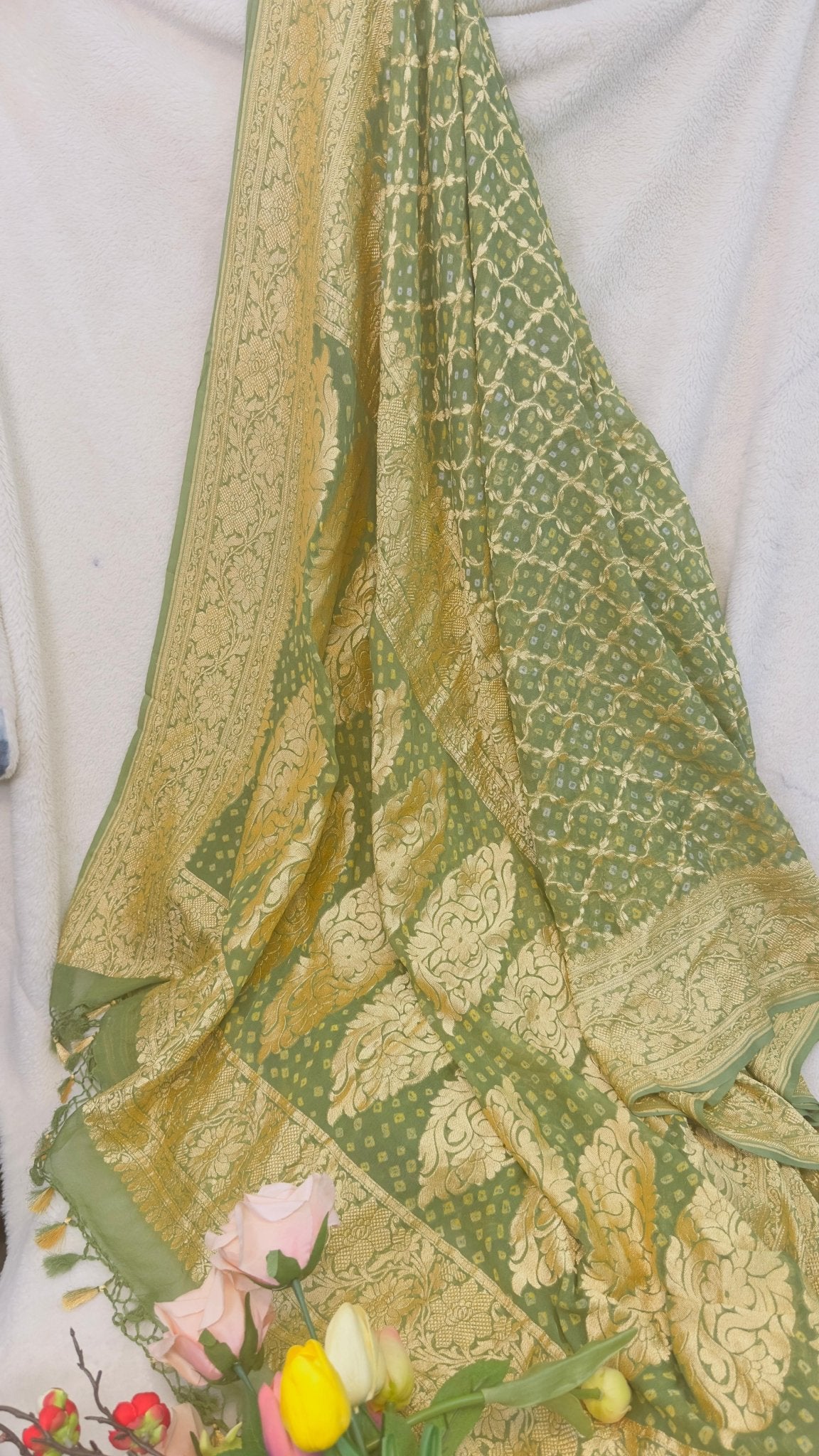 Henna Green Pure Khaddi Georgette hand rai Bandhani Banarasi saree with tested Gold zari weaving - My Store