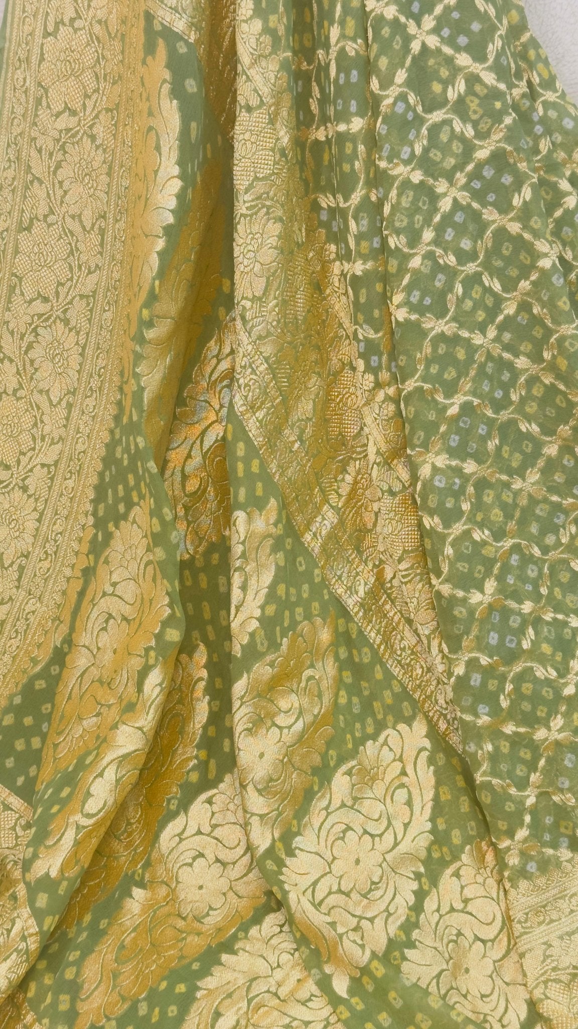 Henna Green Pure Khaddi Georgette hand rai Bandhani Banarasi saree with tested Gold zari weaving - My Store