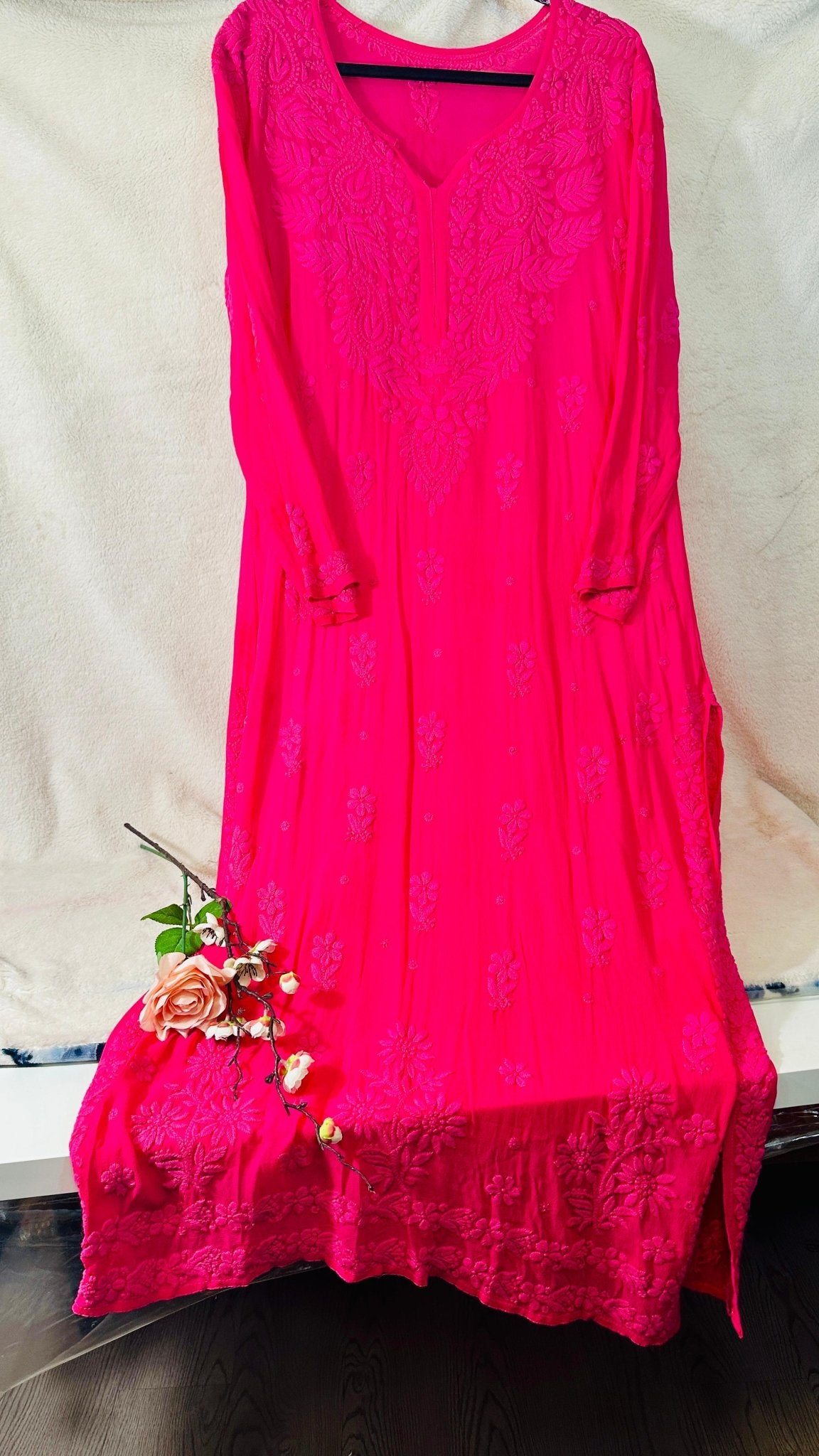 Hot pink tone on tone Viscose Chikankari Kurti with 3D Chikankari - My Store