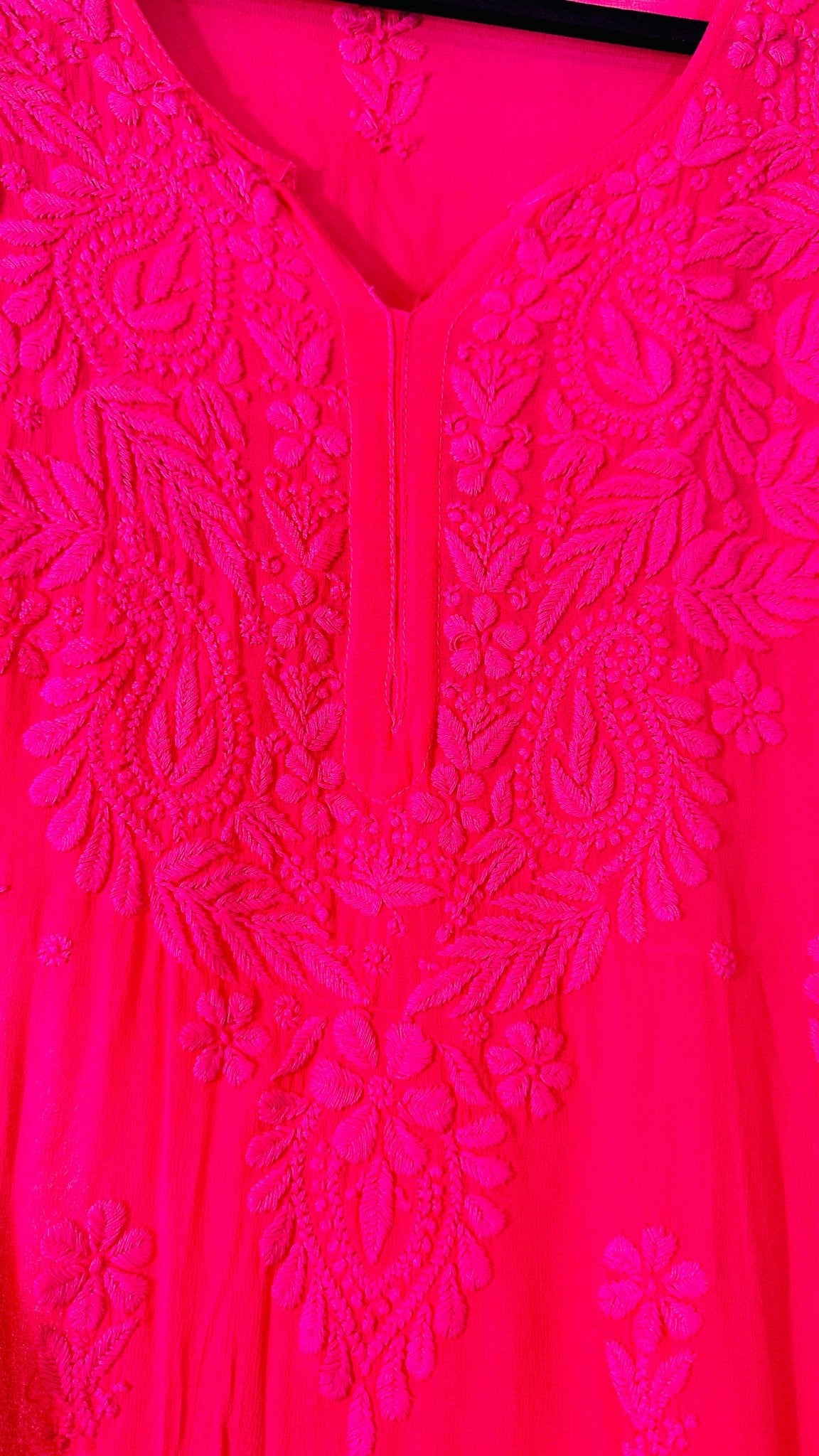 Hot pink tone on tone Viscose Chikankari Kurti with 3D Chikankari - My Store
