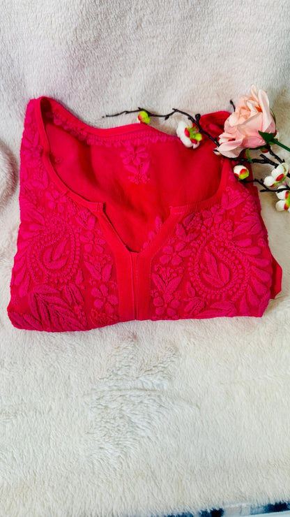 Hot pink tone on tone Viscose Chikankari Kurti with 3D Chikankari - My Store
