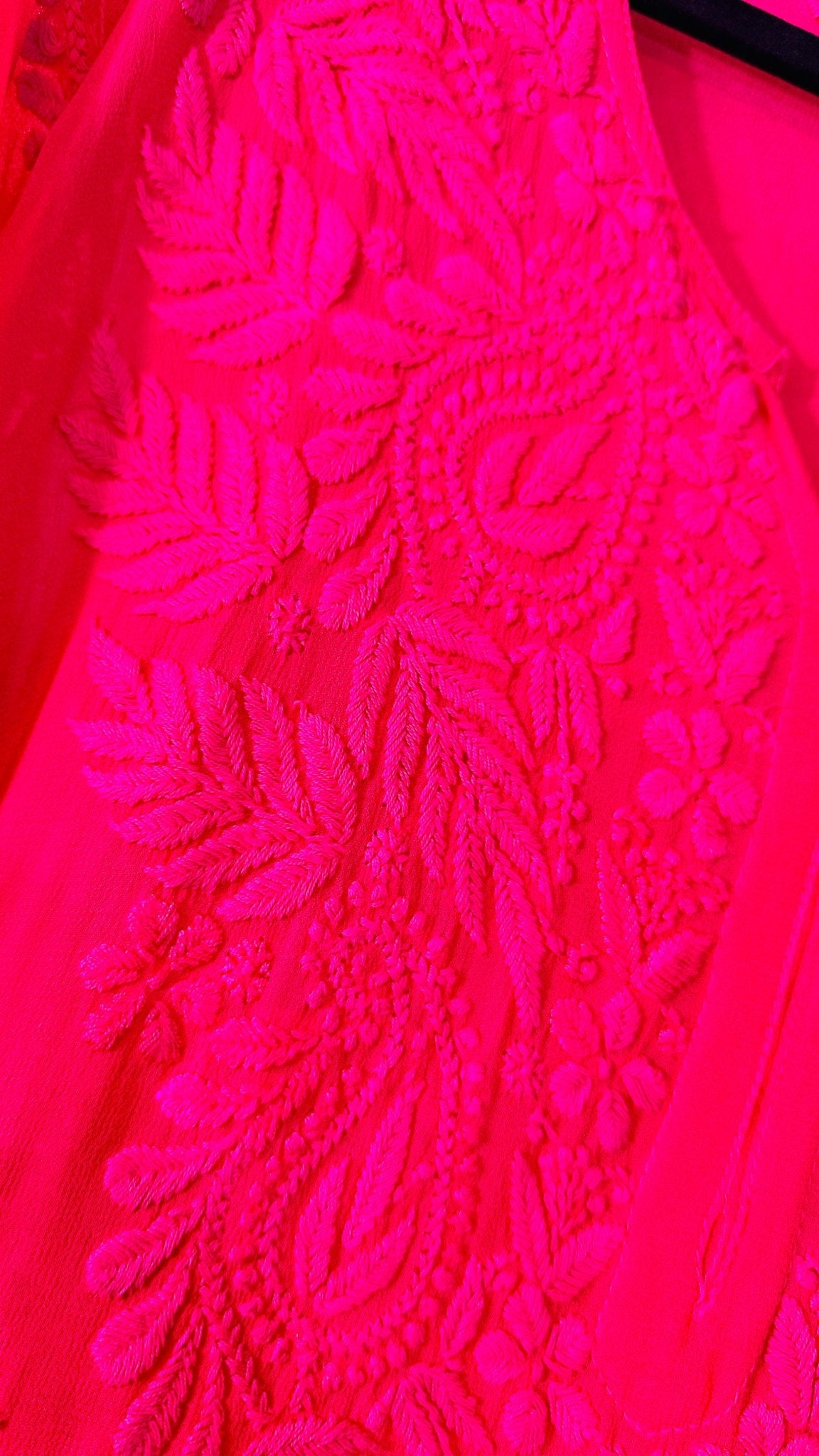 Hot pink tone on tone Viscose Chikankari Kurti with 3D Chikankari - My Store