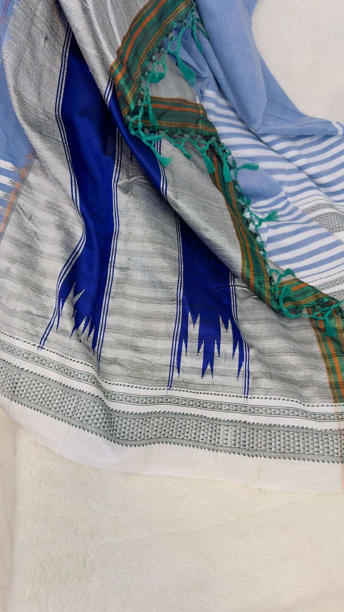 ILKAL Denim blue*White SICO ( Cotton*Silk ) handloom saree with Chikapars Border - My Store