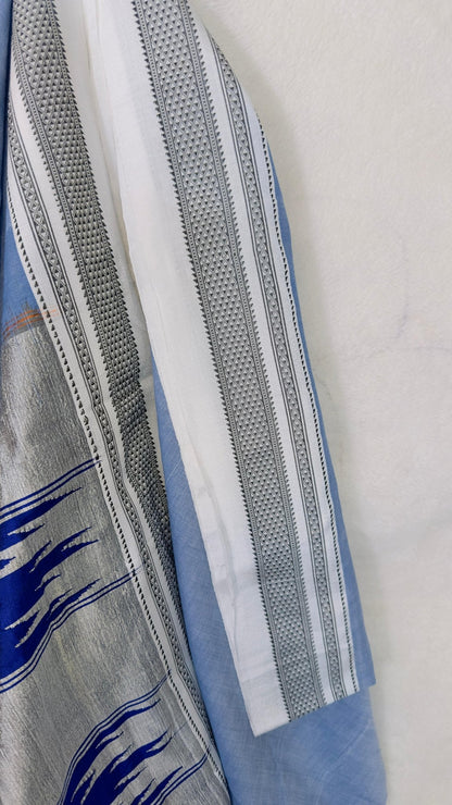 ILKAL Denim blue*White SICO ( Cotton*Silk ) handloom saree with Chikapars Border - My Store