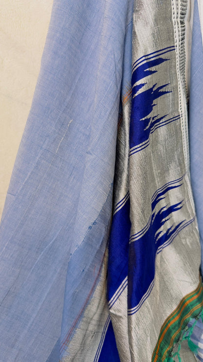ILKAL Denim blue*White SICO ( Cotton*Silk ) handloom saree with Chikapars Border - My Store