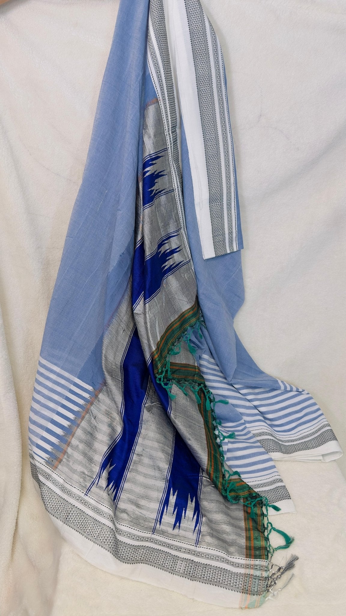 ILKAL Denim blue*White SICO ( Cotton*Silk ) handloom saree with Chikapars Border - My Store