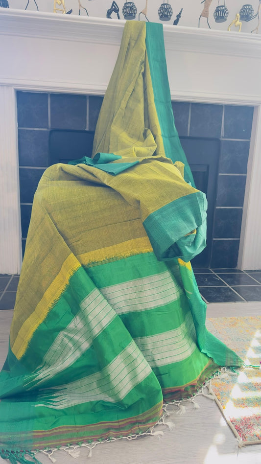 ILKAL Henna green with leaf green border SICO ( Cotton*Silk ) handloom saree with Chikapars Border - My Store