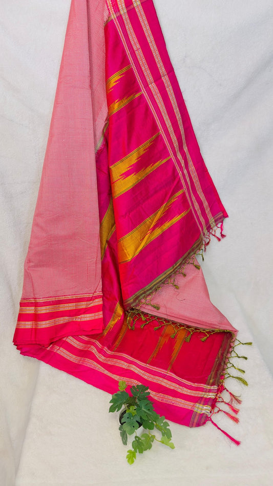 ILKAL Hot Pink Checkered SICO ( Cotton*Silk ) handloom saree with Chikapars Border - My Store