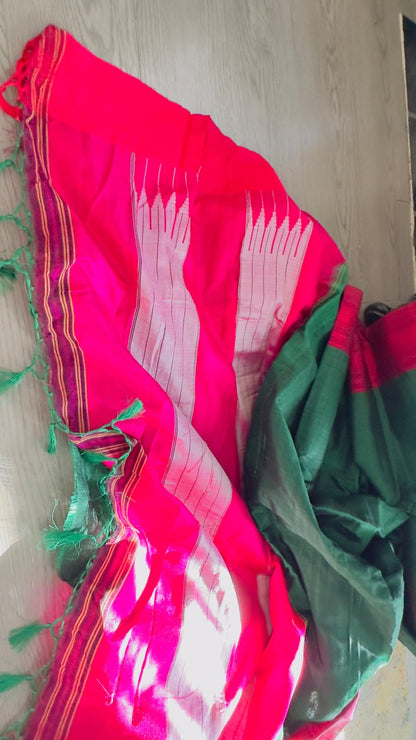 ILKAL Leaf green with hot pink border SICO ( Cotton*Silk ) handloom saree with Chikapars Border - My Store