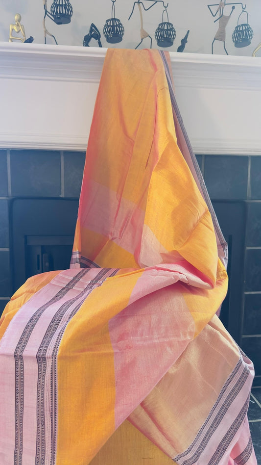 ILKAL Shaded Mustard yellow with baby pink border SICO ( Cotton*Silk ) handloom saree - My Store