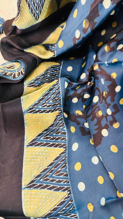 Indigo Ajrakh natural dye Hand block print pure Modal silk saree - My Store