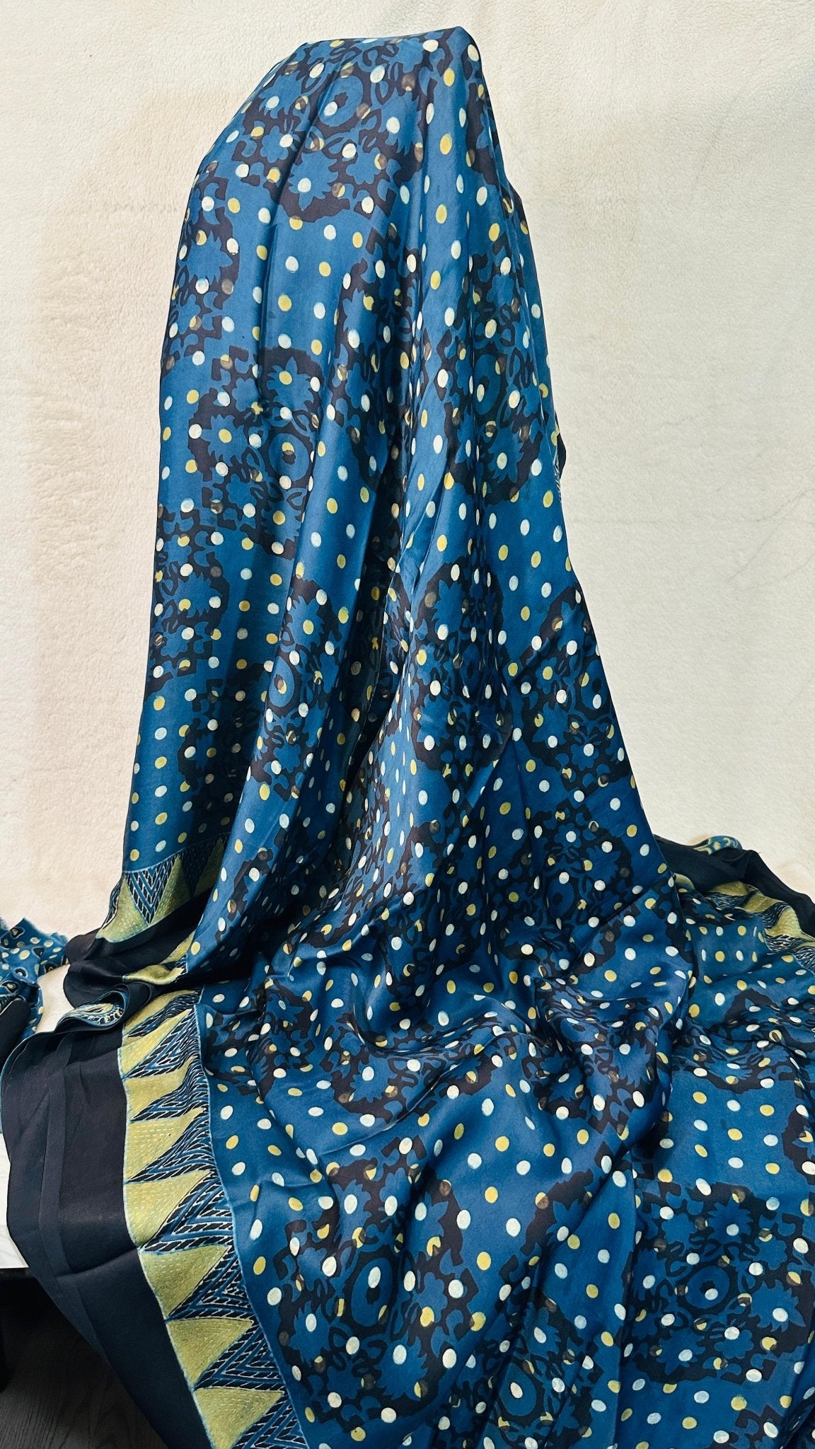 Indigo Ajrakh natural dye Hand block print pure Modal silk saree - My Store