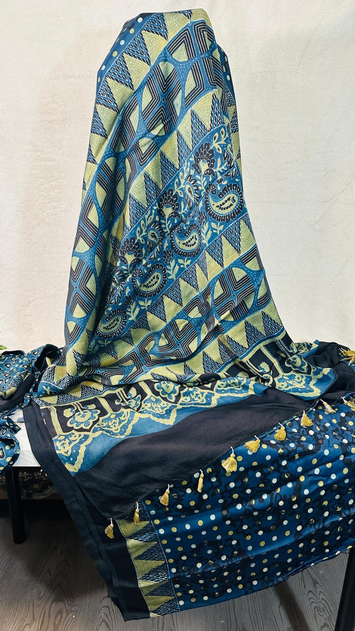 Indigo Ajrakh natural dye Hand block print pure Modal silk saree - My Store