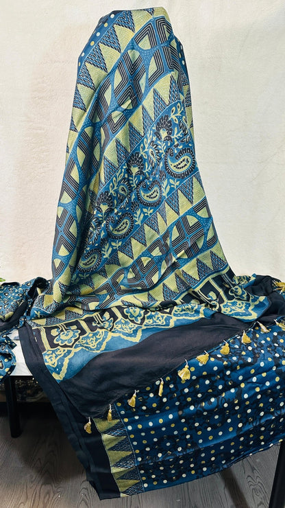 Indigo Ajrakh natural dye Hand block print pure Modal silk saree - My Store