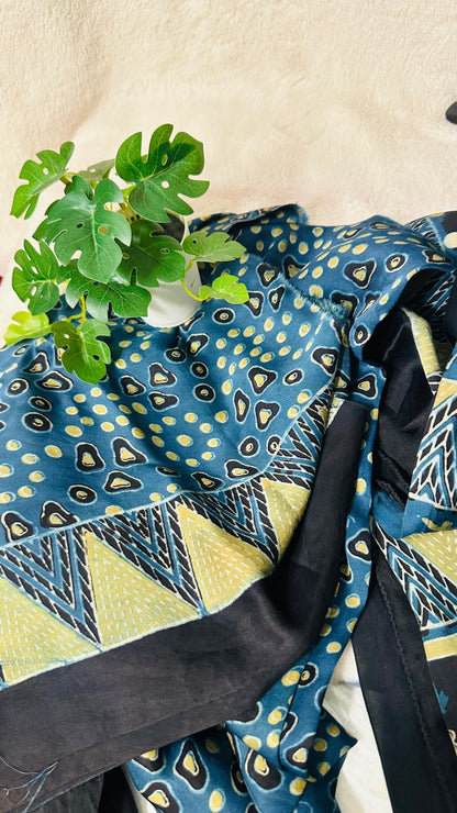 Indigo Ajrakh natural dye Hand block print pure Modal silk saree - My Store
