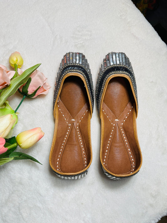 Silver with black Premium designer pure leather Jutti with double cushion and highlighted with all handwork