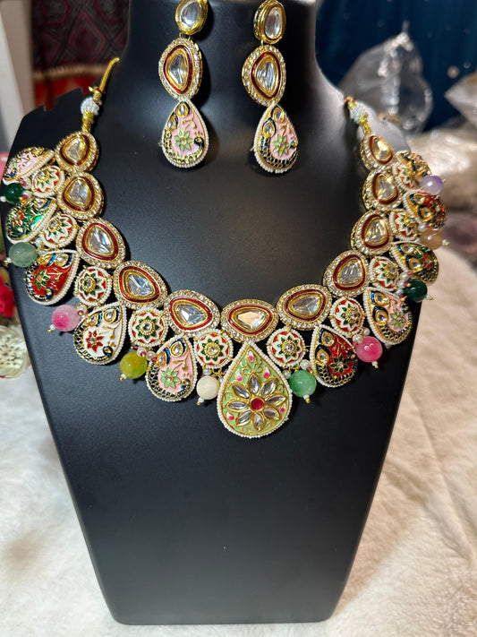 Kundan Meenakari statement necklace set highlighted with Moisonite & semiprecious multicolour beads paired with earrings - My Store