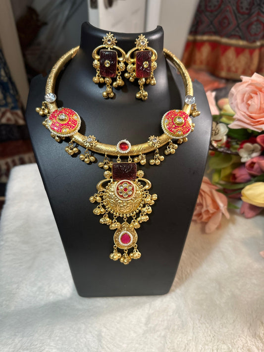 Kundan statement Hasli set highlighted with semiprecious Wine &amp; Ruby stone &amp; pearls paired with earrings&nbsp; - My Store