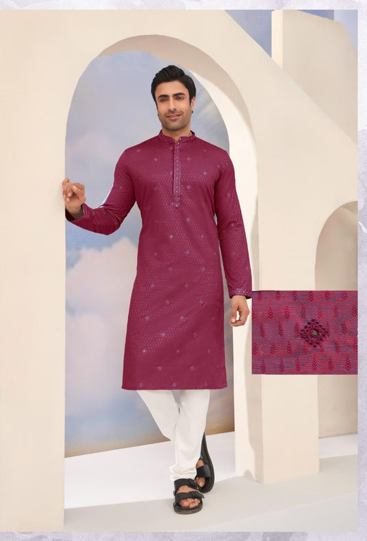 Wine Cotton silk Kurta set highlighted with foil mirror and thread embroidery