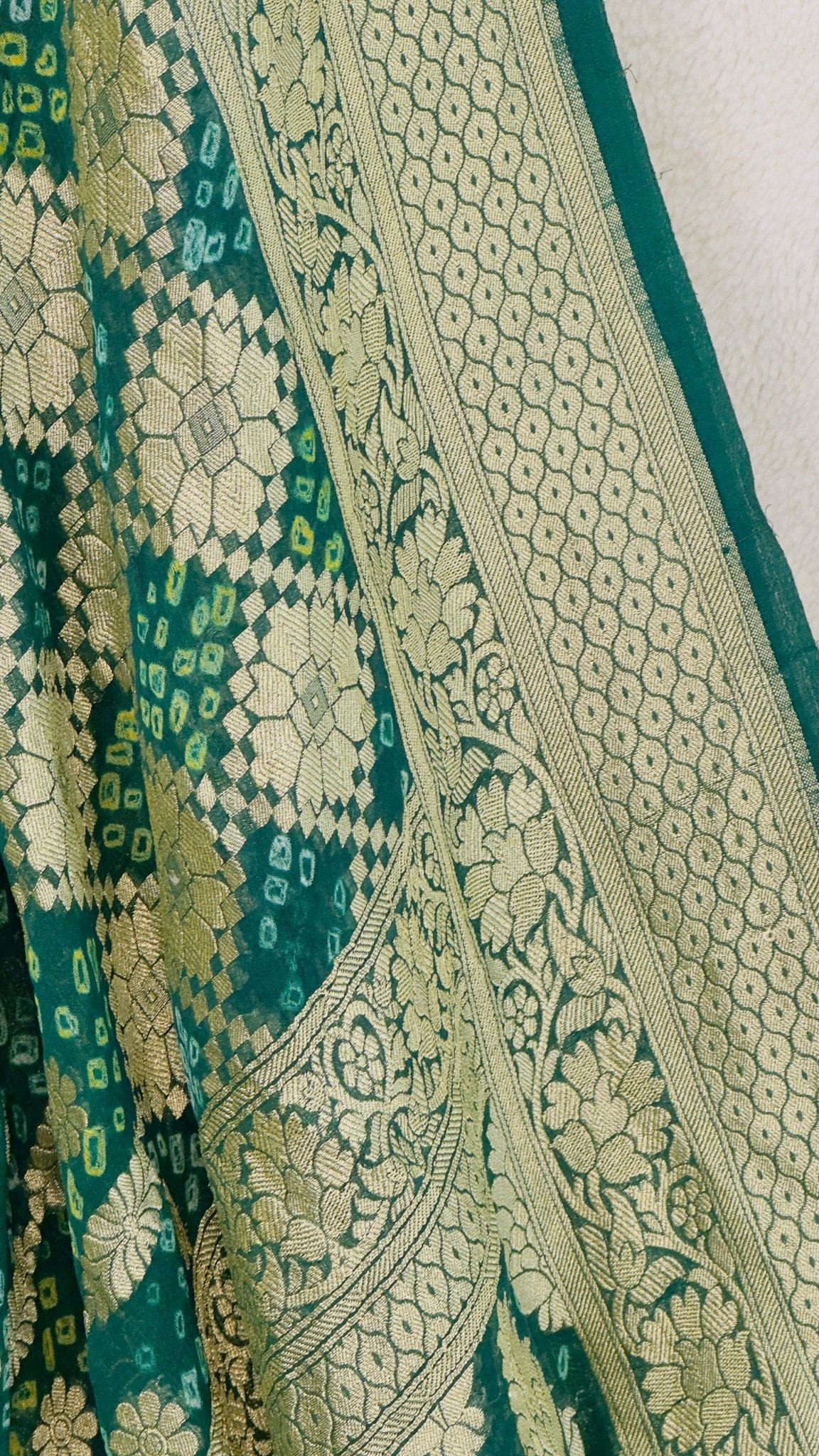 Leaf green Pure Khaddi Georgette hand rai Bandhani Banarasi saree with tested Gold zari weaving - My Store