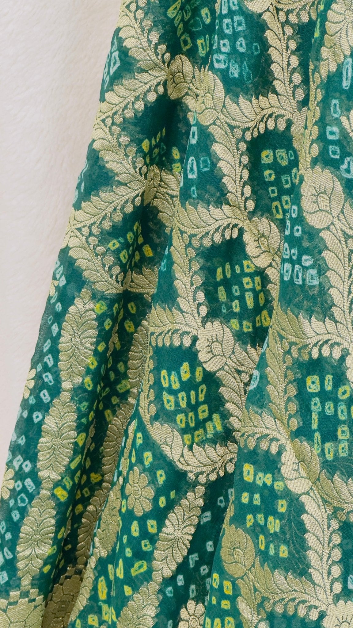 Leaf green Pure Khaddi Georgette hand rai Bandhani Banarasi saree with tested Gold zari weaving - My Store