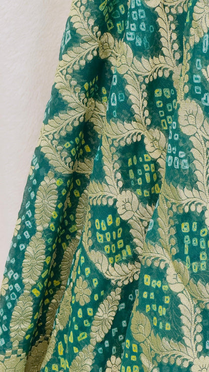 Leaf green Pure Khaddi Georgette hand rai Bandhani Banarasi saree with tested Gold zari weaving - My Store