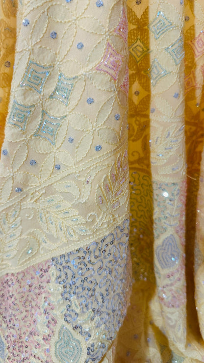 Lime yellow Pure Georgette Chikankari Saree enteric with fine Chikankari,Cutdana & Ring Mukaish hand embroidery - My Store