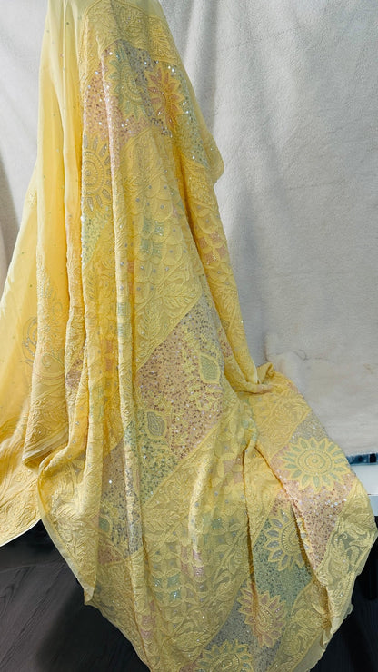Lime yellow Pure Georgette Chikankari Saree enteric with fine Chikankari,Cutdana & Ring Mukaish hand embroidery - My Store