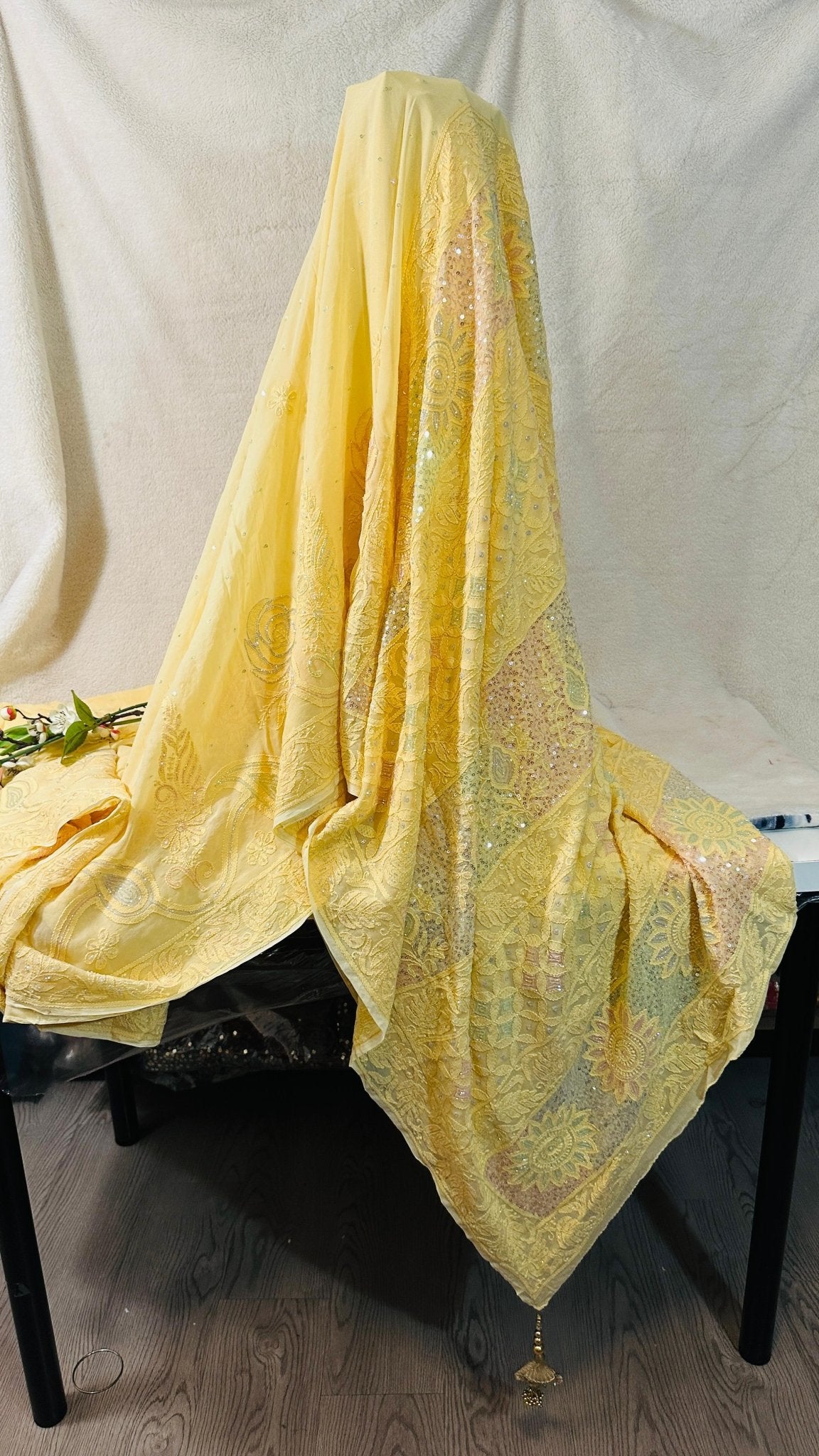 Lime yellow Pure Georgette Chikankari Saree enteric with fine Chikankari,Cutdana & Ring Mukaish hand embroidery - My Store